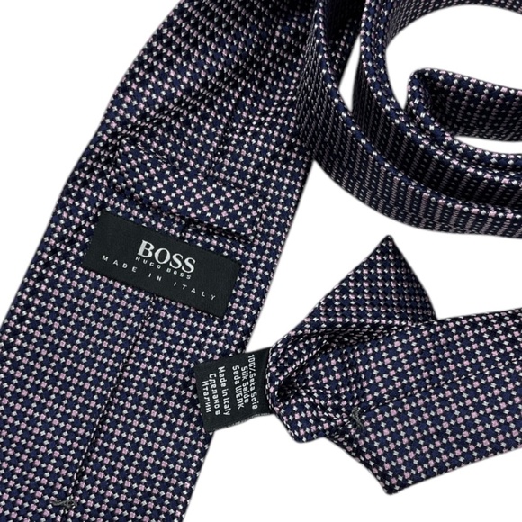 HUGO BOSS XL Navy/Pink Geometric Silk LUXURY Tie ITALY - Picture 3 of 4